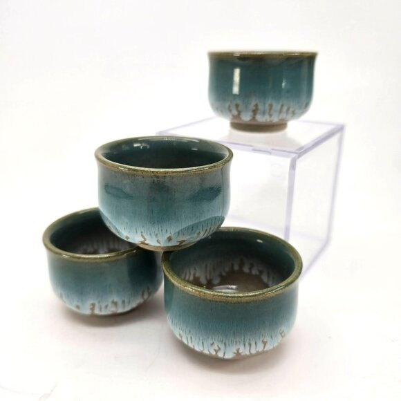 4 Drip Glazed Tea Cups Blue and Brown Set Of 4 Handmade Ceramic je193 - Picture 4 of 9